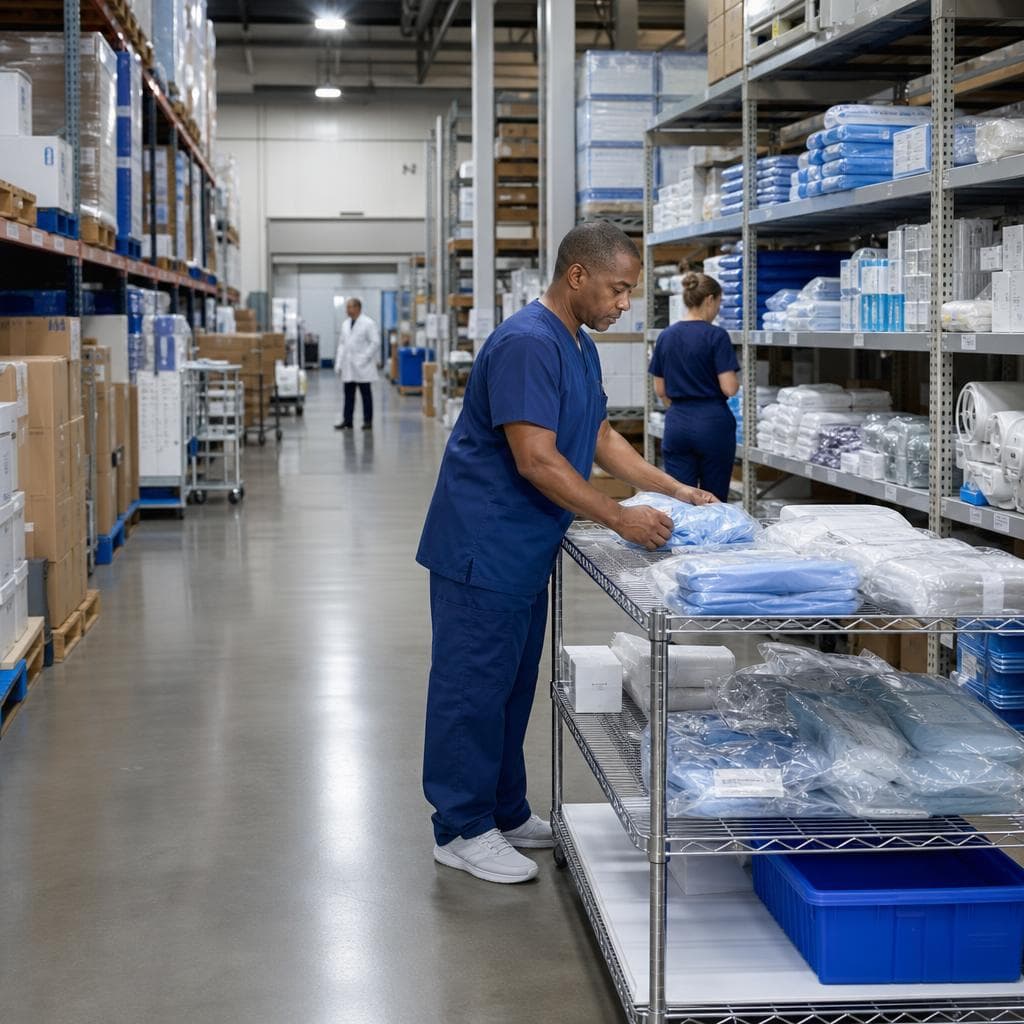 ANADMD LIMITED LLC team inspecting medical equipment inventory in a distribution facility